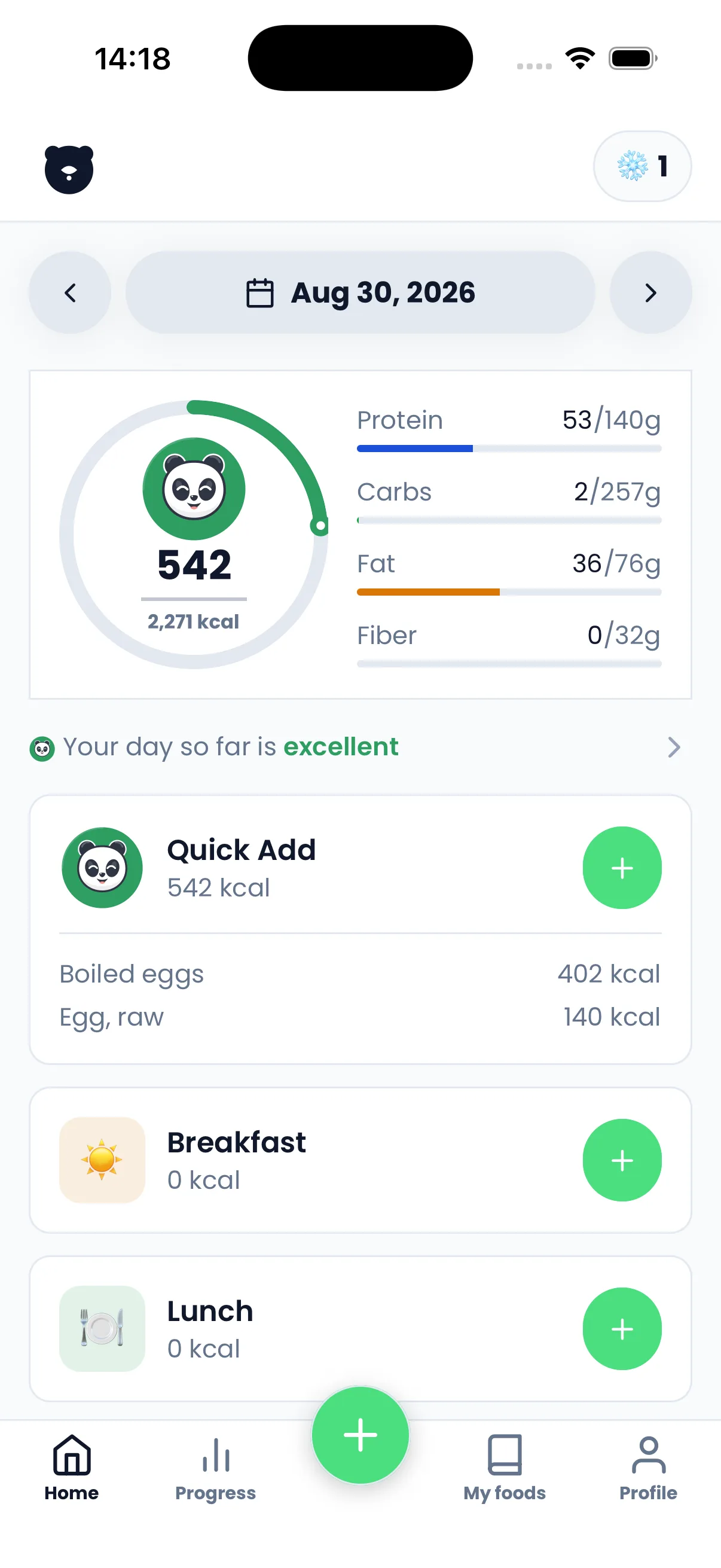 The home screen: the day ring, macro progress and the meals logged so far