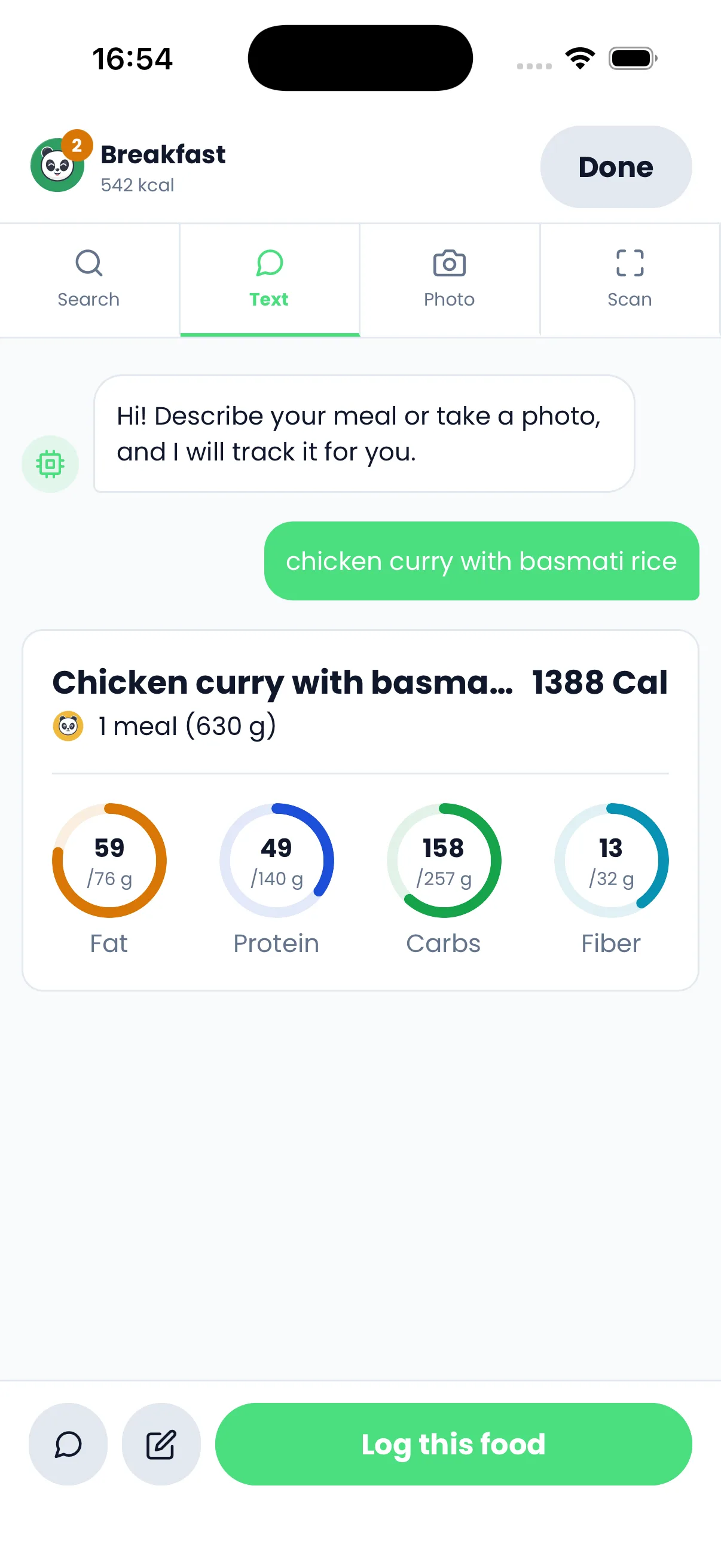 A meal described in plain text and turned into calories and macros