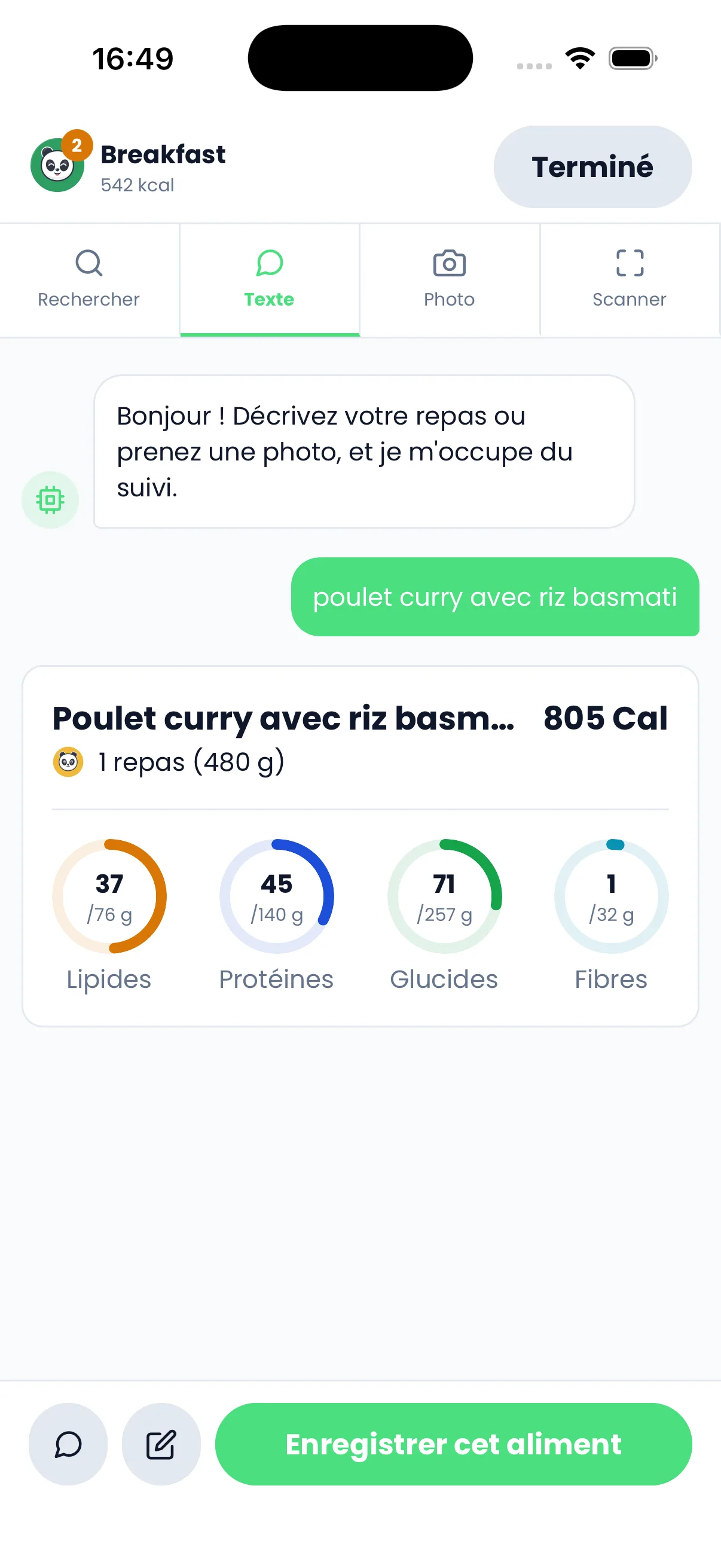 Un repas décrit en texte, converti en calories et en macros