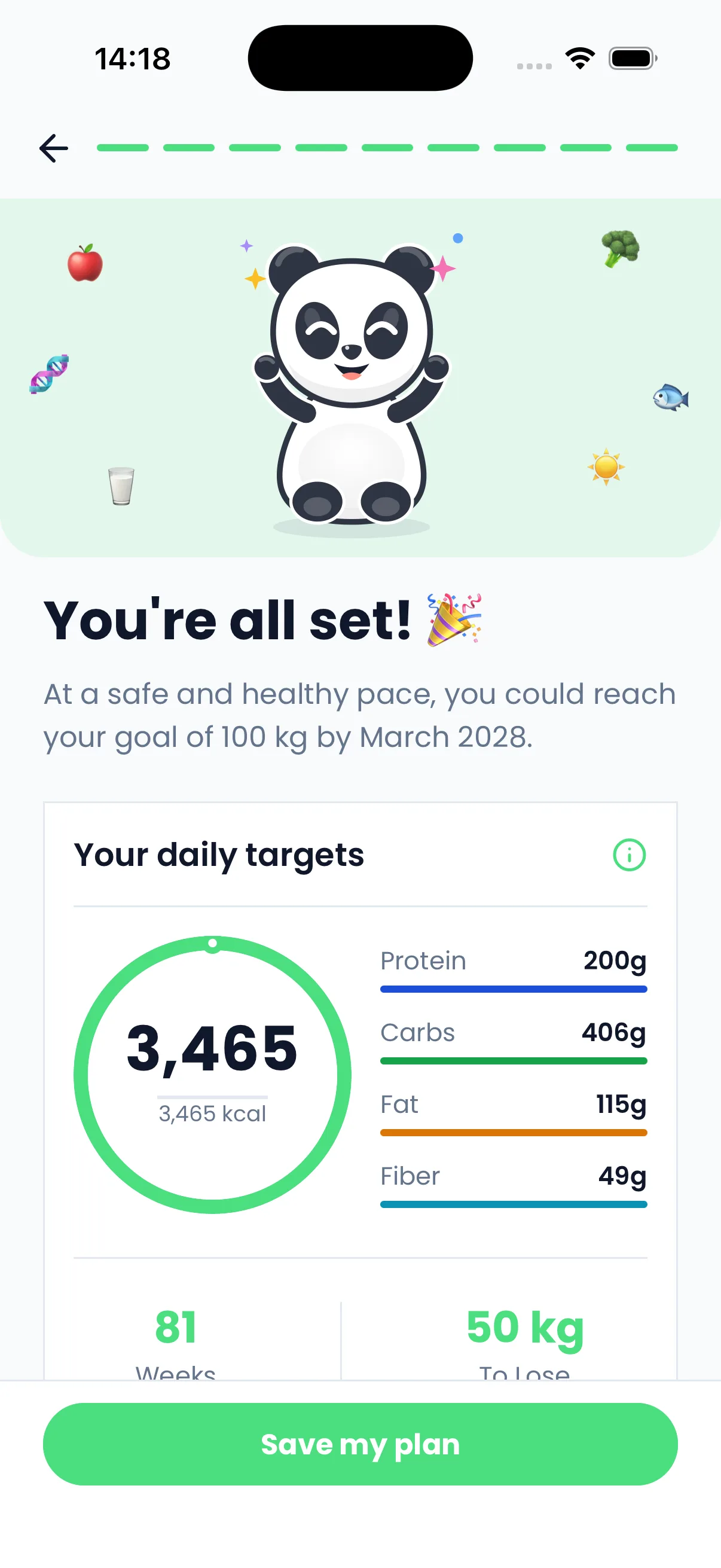 The plan screen: a daily calorie target with protein, carbs, fat and fibre, and a date to reach the goal