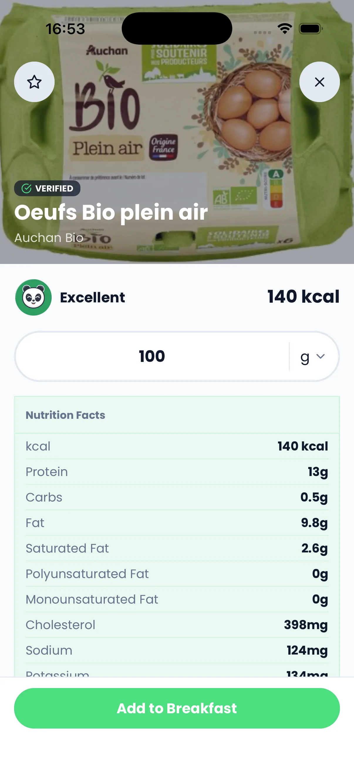 A scanned product with its full nutrition facts